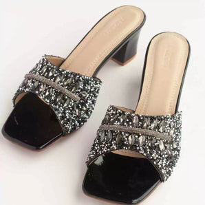 Black Stones & Beads Embellished Block Heels