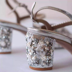 DAZZLING Embellished Block Heels in Silver