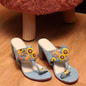 Denim Embroidered Kolhapuri Heels