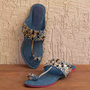 Denim Embroidered Mirror Kolhapuri Flats