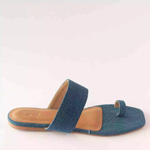 Denim Toe Ring Flat Slides