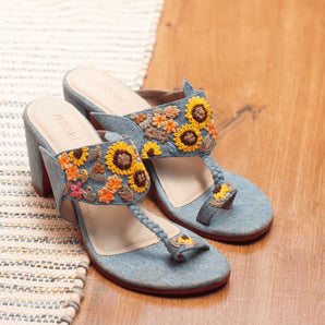 Denim Embroidered Kolhapuri Heels 1